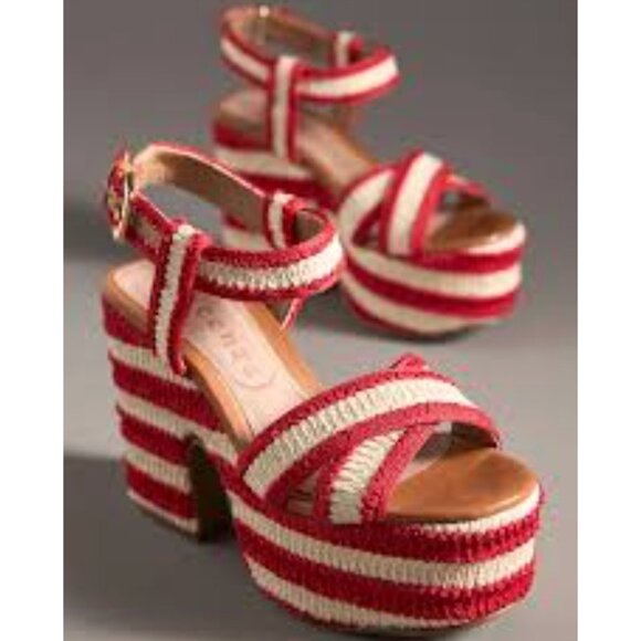 Anthropologie Vicenza Crochet Platform Heels Red Ivory Chunky Platform 41 - Picture 2 of 3